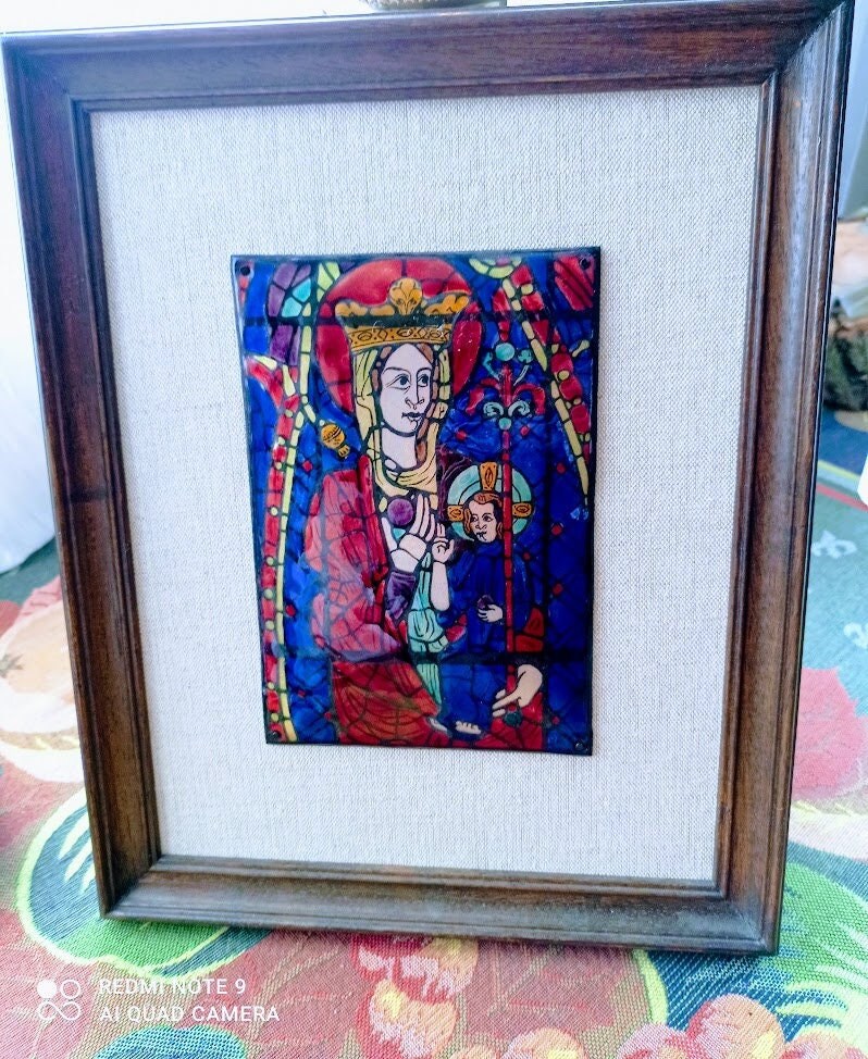 Émail Grand Feu Xxème Abbaye Ligugé Signé Sm Saint Martin Support Bois et Lin, Cadre en Email de Lig