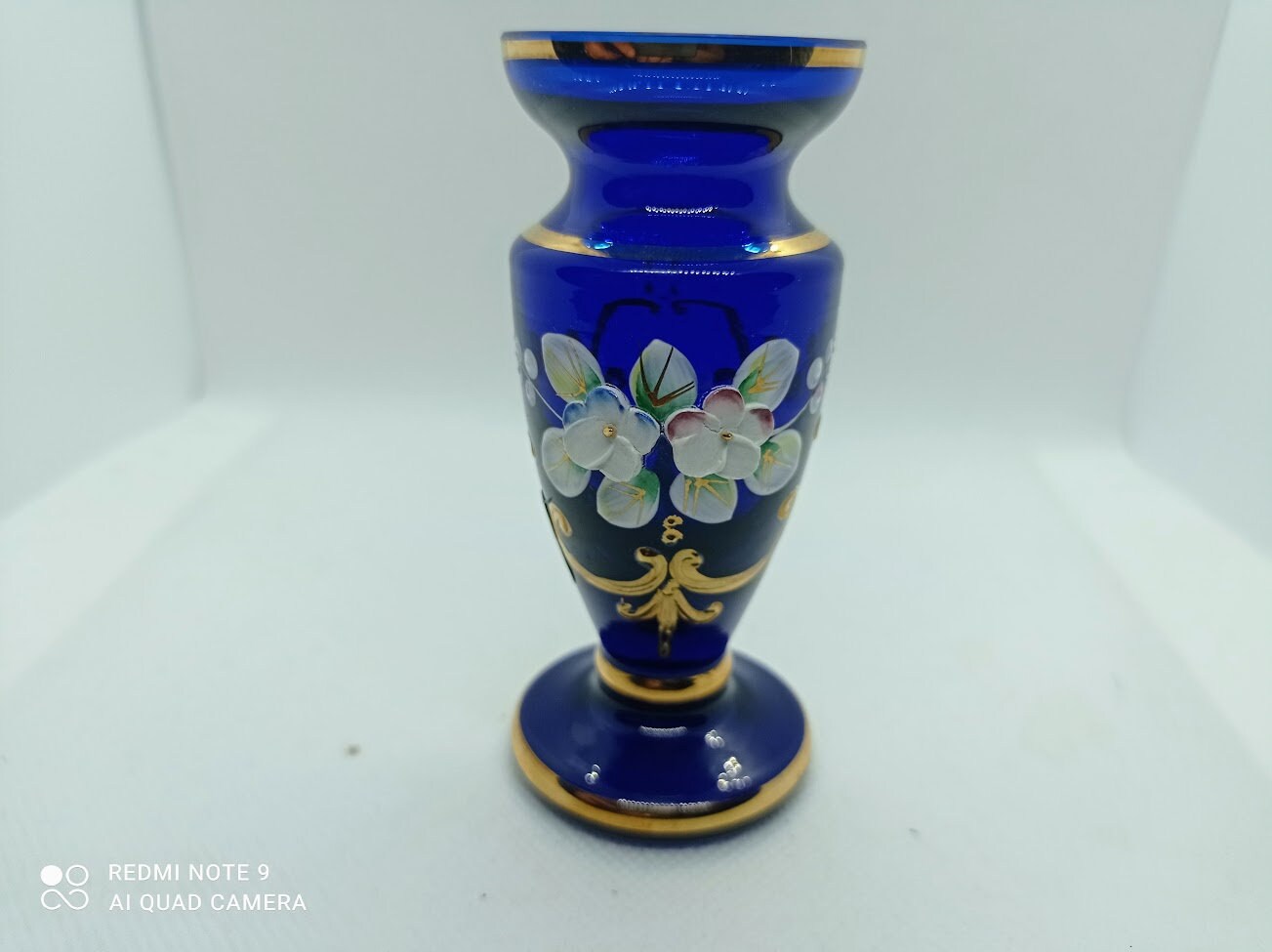 Bohemia Czech Vase Cobalt Bleu Or Cristal Verre Peinture Artisanale Tchécoslovaquie Design Floral Vi