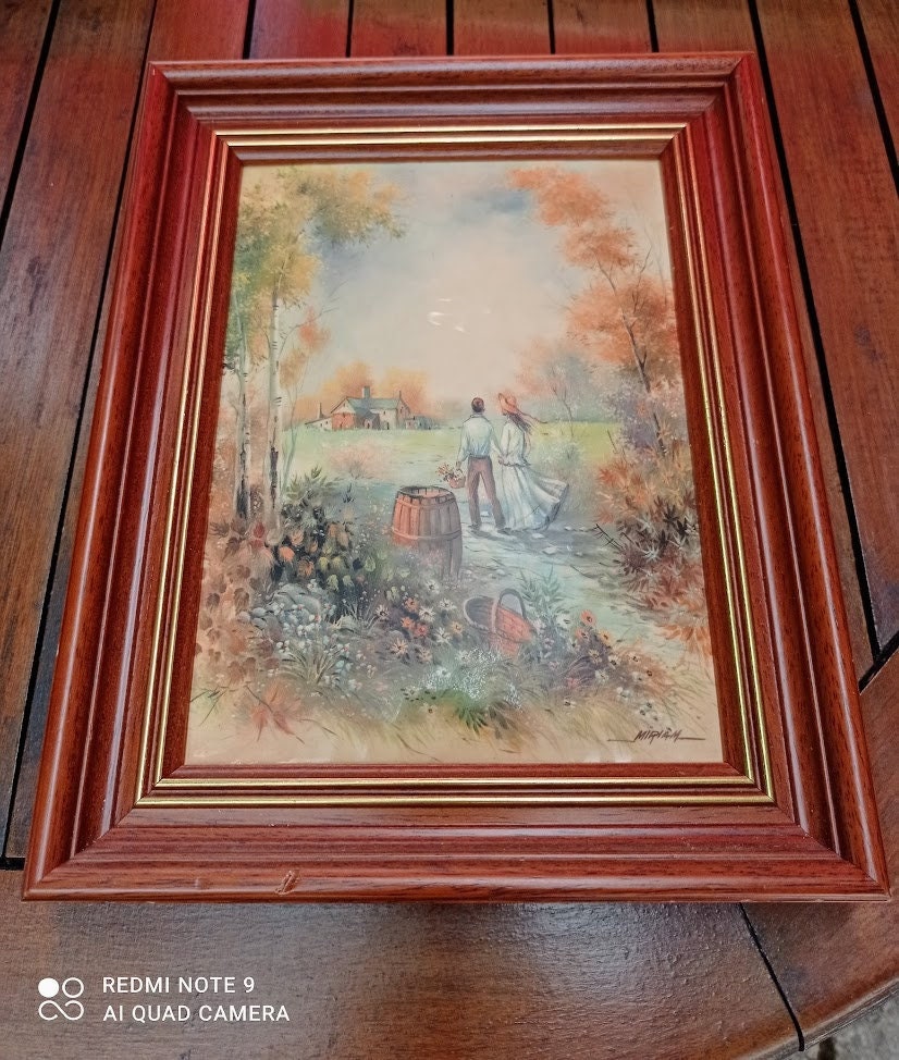 Vintage Tableau Art Décoratif Appliqué 60S Signé, Travail Artisan Français L'imitation d'émail, Suje