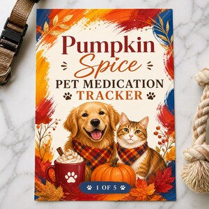 Registro de medicamentos para mascotas con sabor a calabaza y especias, imprimible para la salud de perros y gatos en otoño, calendario veterinario de otoño, registro de cuidados estacionales para mascotas, recordatorio de medicamentos.