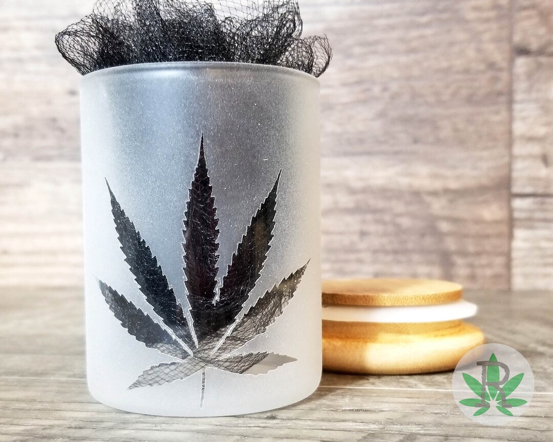 Etched Cannabis Leaf Glass Stash Jar, Airtight Frosted Herb Storage