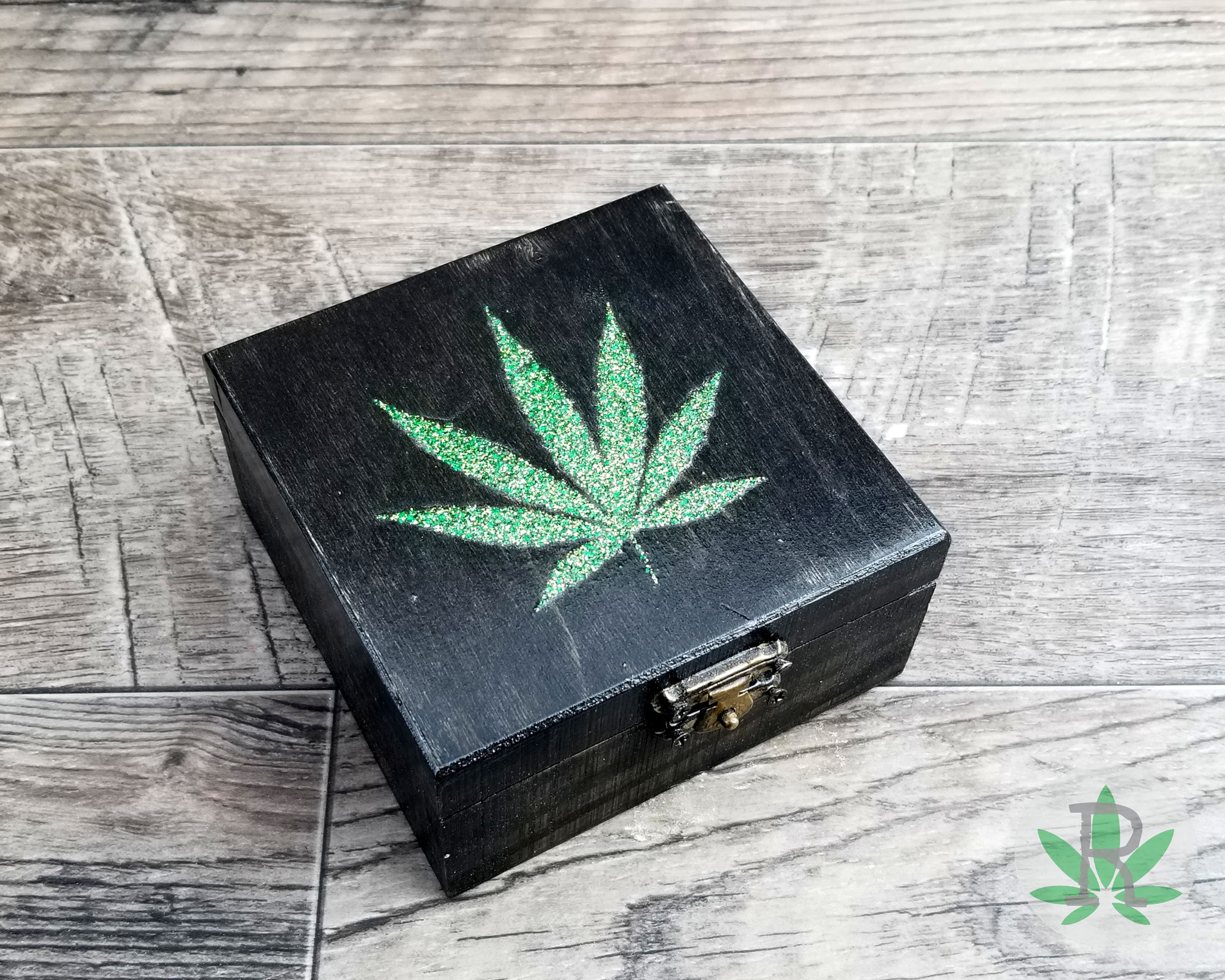 Wood Stash Box With Glitter Cannabis Leaf Pot Box With Etsy UK