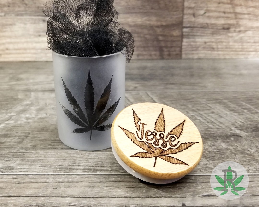Etched Cannabis Leaf Glass Stash Jar Personalized Laser Engraved Lid