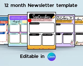 12 month Classroom Newsletter editable Templates [Digital File/ Instant Download]