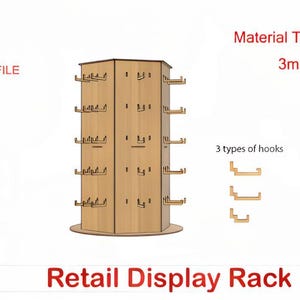 Può includere: Un espositore da negozio in legno con più ganci per appendere oggetti. Il rack è esagonale e ha una finitura marrone chiaro. L'immagine mostra anche tre tipi di ganci e il testo "Retail Display Rack". Lo spessore del materiale è di 3 mm.