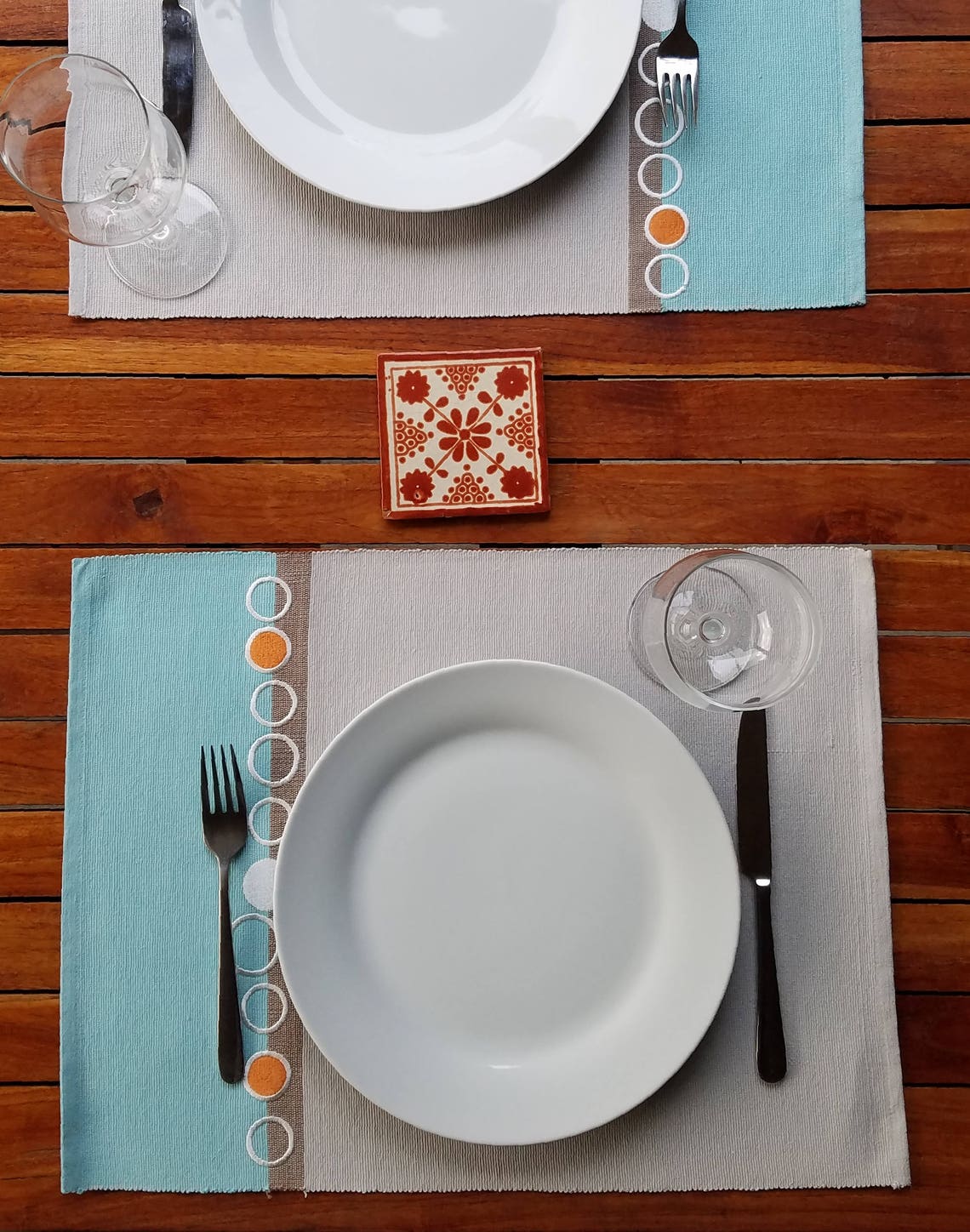 Woven Turquoise Placemats With Embroidered Dots Set of 4 Etsy