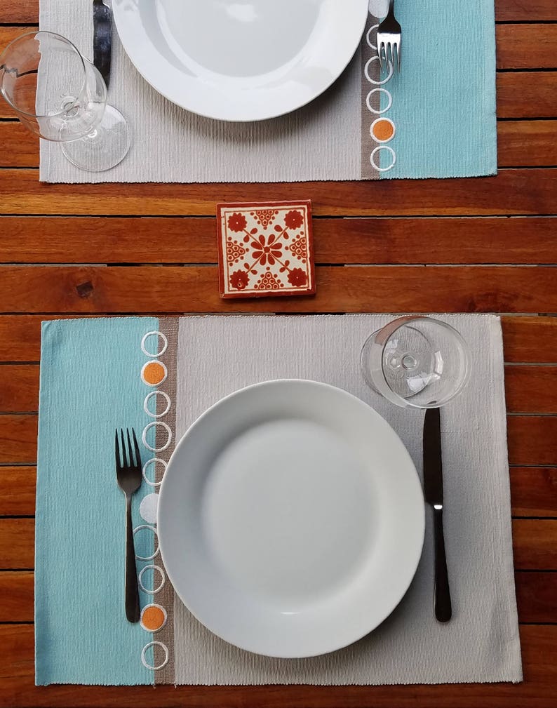 Woven Turquoise Placemats With Embroidered Dots Set of 4 Etsy