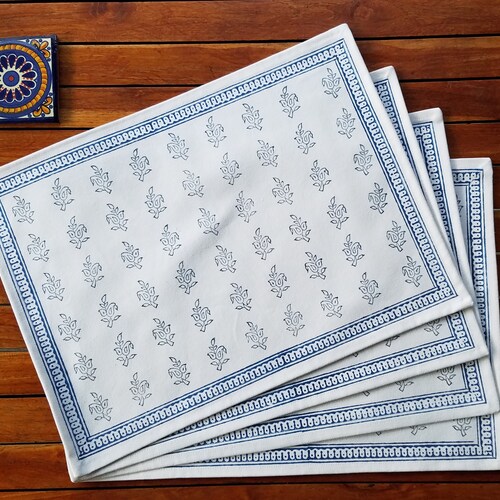 White Cotton Placemats Hand Printed With Indigo Paisleys Set Etsy