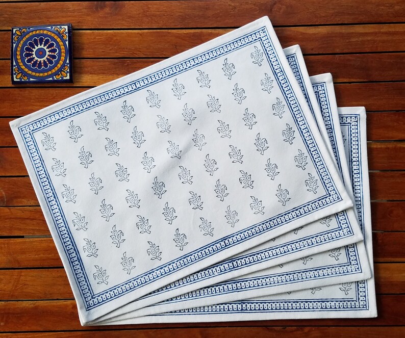 White Cotton Placemats Hand Printed With Indigo Paisleys Set of 4 Etsy