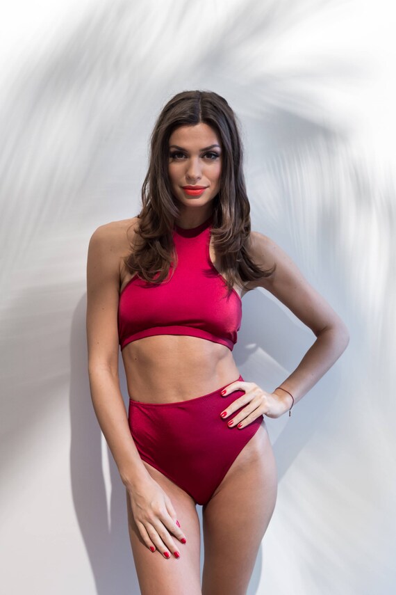 red swimsuit high waist