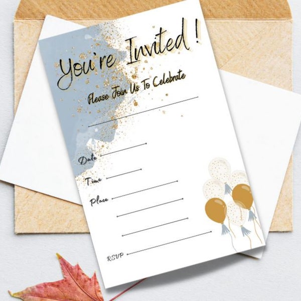 Editable Generic Invitation, Blue & Gold, **Digital Download only. No physical product**