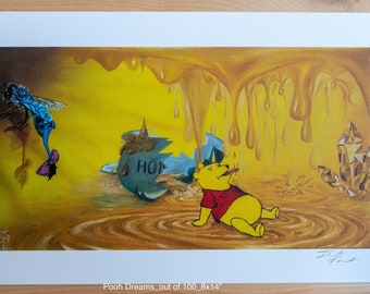 signed print out of 100. "Pooh Dreams" Size: 8x14 in.  Winnie the pooh, Dreams, Decoration, bees, wall art.