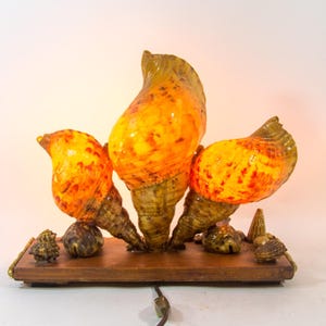 May include: A decorative lamp featuring three large, orange and yellow seashell-shaped shades. The lamp sits on a rectangular wooden base with small decorative elements. The lamp has a power cord.