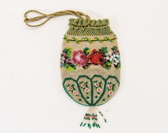 Antique beaded purse | Victorian antique | colorful floral decor | late 19th century