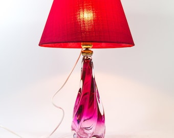 Val St Lambert lamp | XL | barley twist glass | pink crystal | with lampshade | Vintage 70's