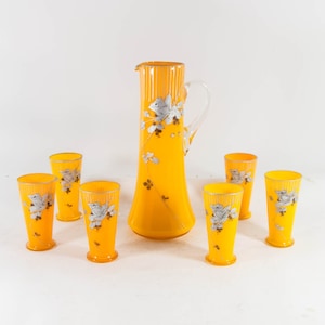 Art nouveau lemonade set | Pitcher and 6 glasses | Hand-Painted | Bohemian glass | early 20th century