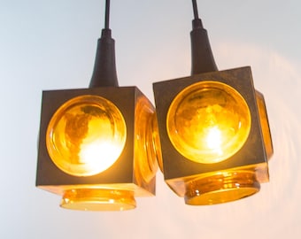 Midcentury pendant lamps | SET OF 2 | Helena Tynell | full glass with metal surround | Vintage 60's