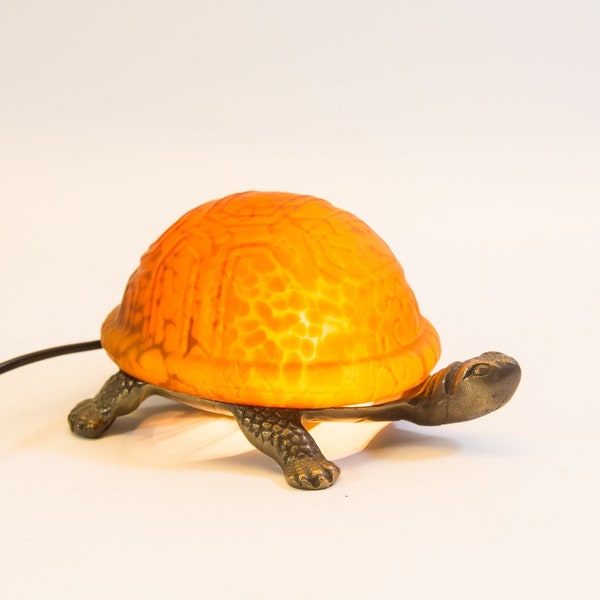 Vintage table lamp | Bronze turtle | Amber colored glass | vintage 80's