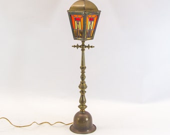 Art Deco table lamp | Colorful stained glass | Brass applique | vintage 1920's
