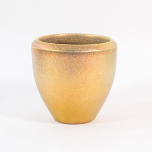 Könnte beinhalten: Eine kleine, goldfarbene Keramikvase mit rundem Oberteil und konischem Boden. Die Vase hat eine glatte, metallische Oberfläche mit subtilen Farbvariationen, die von einem dunkleren Braun am Rand zu einem helleren Gold am Boden übergehen. Die Vase ist leer und steht vor weißem Hintergrund.