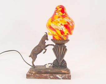 Art Deco table lamp | Czech glass | Marble and copper base | vintage 1920's