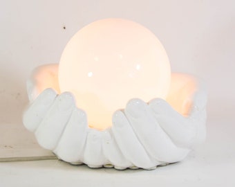 White ceramic table lamp | Two hands | Opaline glass lamp shade | vintage 80s
