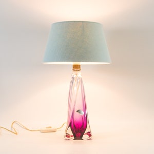 Val St Lambert lamp | pink crystal glass | Light blue lampshade | Vintage 70's