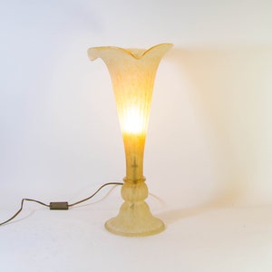 Può includere: Una lampada alta in vetro ambrato con un paralume scanalato a forma di tromba e una base rotonda. La lampada è accesa e proietta una luce calda.