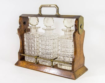 Antique Tantalus cabinet | 3 crystal decanters | working lock | late 19th century