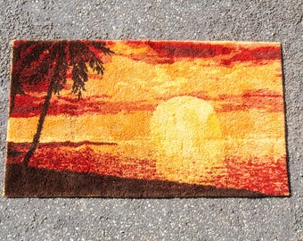 70-tals väggmatta | Tropisk solnedgång | handbunden | tjock ull | vintage 70-tal
