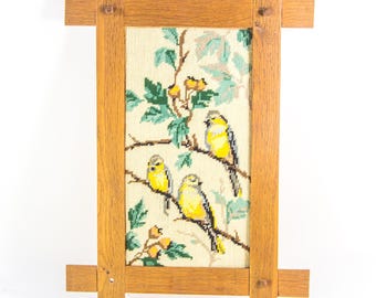 Vintage wall embroidery | Bird decor | Wooden frame | Vintage 70's