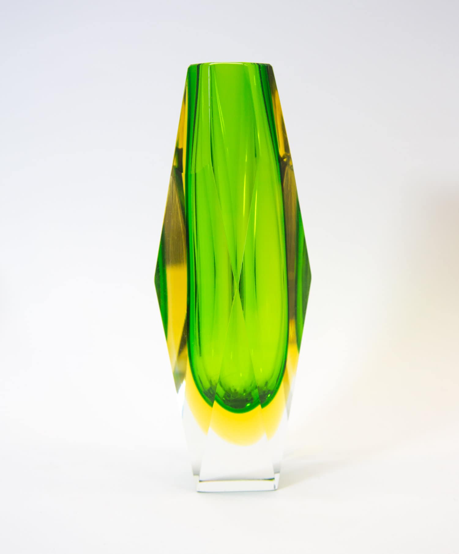 工芸品 Murano Glass Vase (Green & Yellow) Murano Mandruzzato Vase | Faceted Cut | Green and Yellow