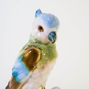 May include: A ceramic figurine of a blue, green, and brown parrot with a white chest and a black beak. The parrot is perched on a branch.