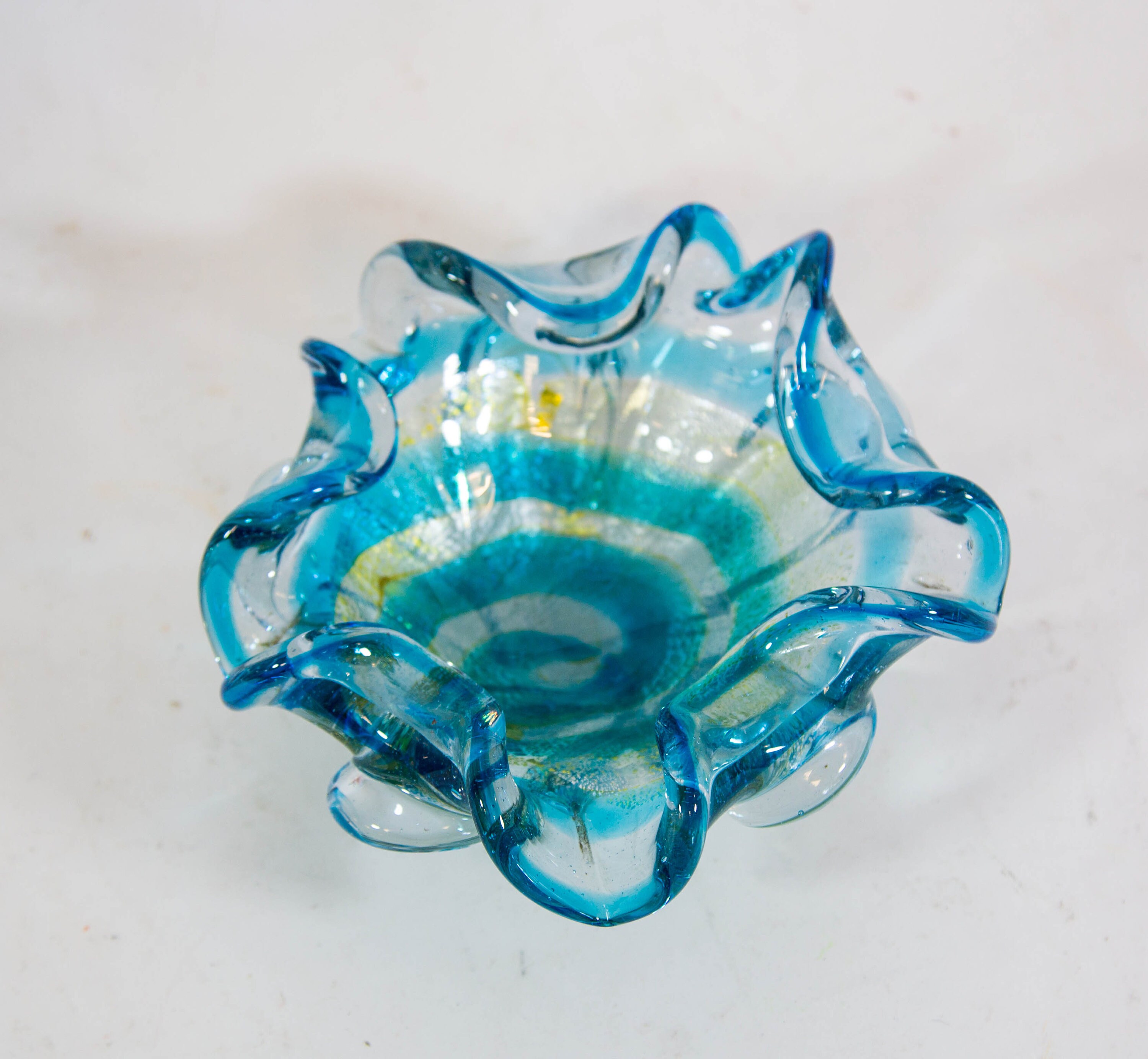 Murano bowl | Blue glass with silver leaf | Flowing shapes | Vintage 70's
