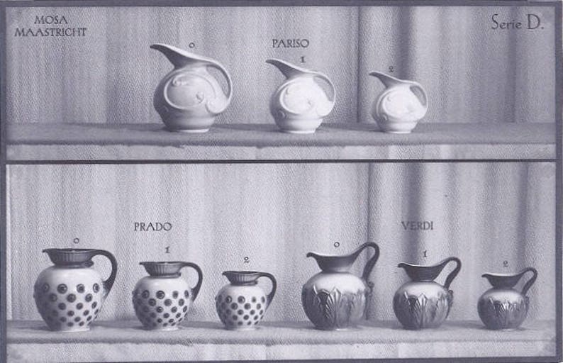 May include: A display of eight ceramic pitchers in various styles and sizes. The pitchers are arranged in two rows of four. The top row features pitchers with floral designs, while the bottom row features pitchers with polka dot and leaf designs. The pitchers are labeled with the names "Pariso", "Prado", and "Verdi". The text "Mosa Maastricht" and "Serie D." is also visible in the image.