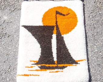 70-tals väggmatta | Segelfartyg | handbunden | tjock ull | vintage 70-tal