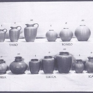 May include: A black and white photo of a collection of ceramic vases in various sizes and shapes. The vases are all ribbed and have a matte finish. The vases are labeled with the names "Tasso", "Romeo", "Fris", "Lucca", and "Icara". The photo is titled "Serie C."