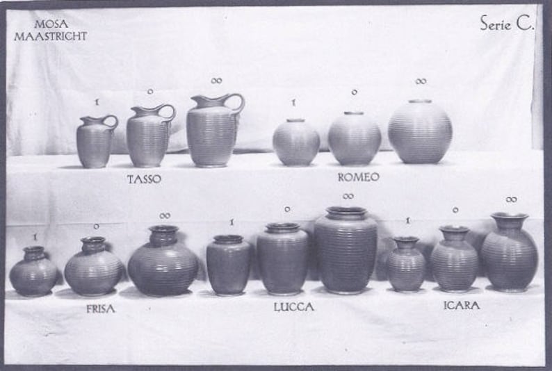 May include: A black and white photo of a collection of ceramic vases in various sizes and shapes. The vases are all ribbed and have a matte finish. The vases are labeled with the names "Tasso", "Romeo", "Fris", "Lucca", and "Icara". The photo is titled "Serie C."