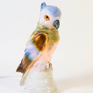 May include: A ceramic parrot figurine with a blue, green, brown, and pink paint scheme. The parrot is perched on a white base.