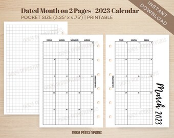 Pocket Ring Dated Month on 2 Pages 2023 Calendar Printable Planner Insert | MO2P Printable, Month on 2 Pages Digital PDF Printable