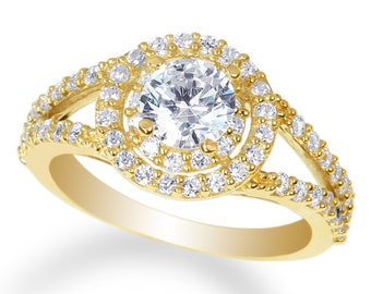 JamesJenny Yellow Gold Plated 1.8ct Heart Emerald CZ Halo Beautiful Ring 4-10