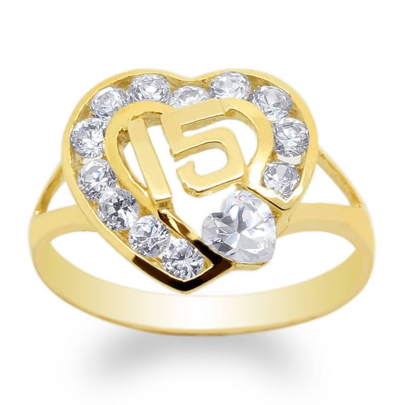 JamesJenny Ladies 10K14K Yellow Gold 15 Anos Quinceanera Clear CZ Heart Ring Size 4-10