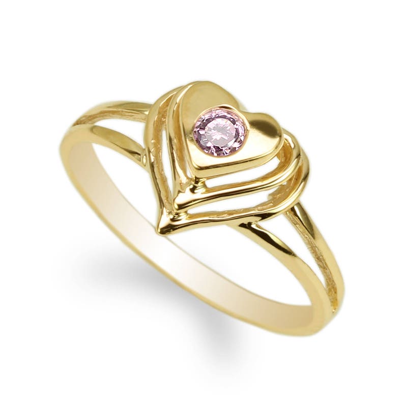 JamesJenny Womens 10K14K Yellow Gold Beautiful Heart Shaped Ring with Round Pink CZ Size 4-9