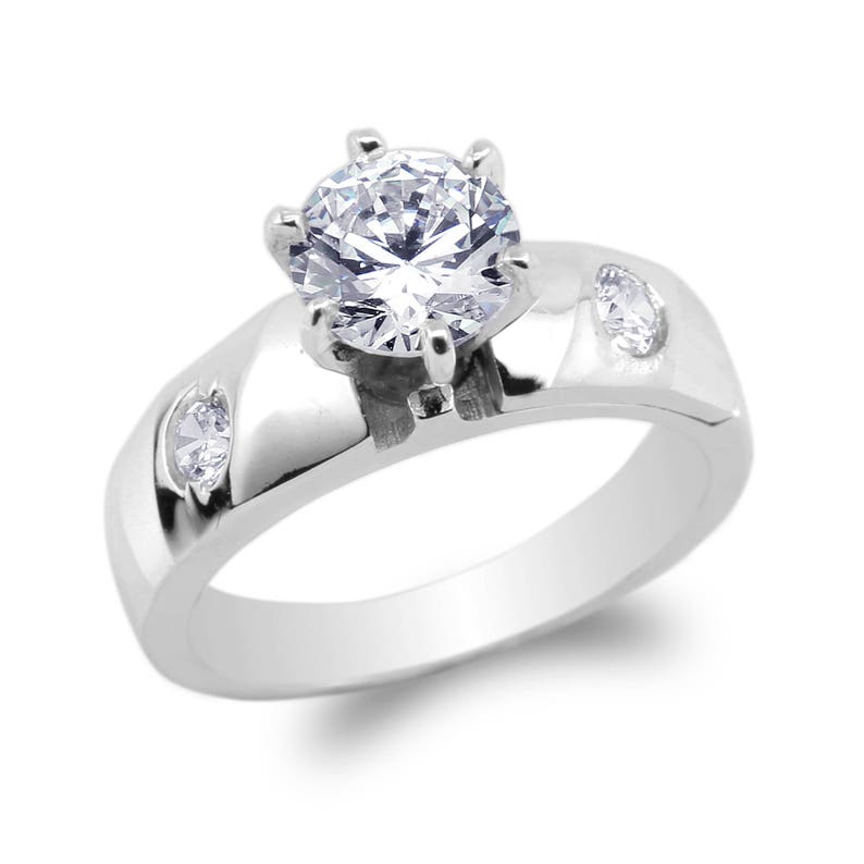 JamesJenny  Ladies 14K  White Gold Solid Solitaire Ring with Accents CZ