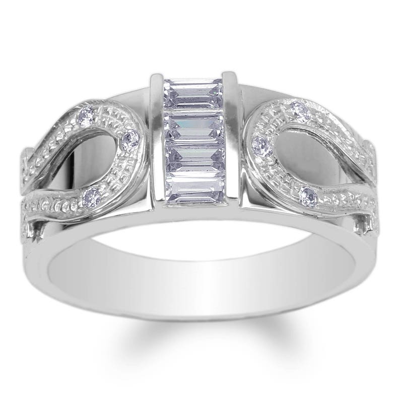 JamesJenny Mens 10K14K White Gold Round CZ Horseshoe Shaped Band Ring Size 7-12