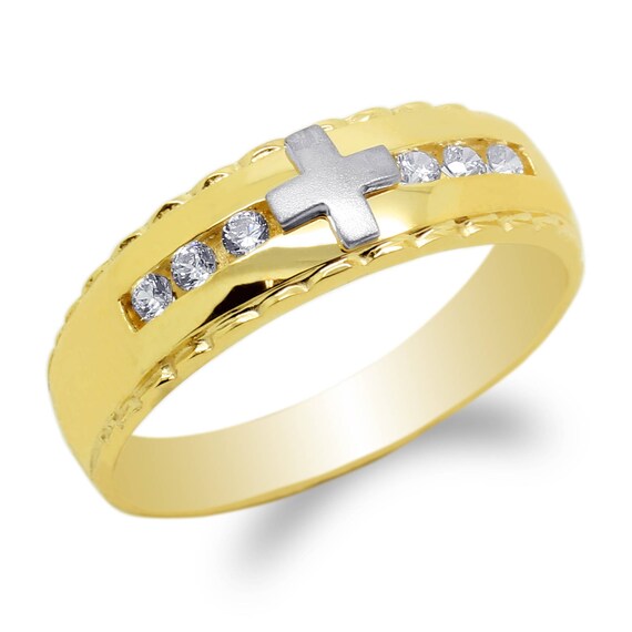 JamesJenny Mens 14K Yellow Gold Two Tone Round CZ Embedded Wedding Ring Size 7-11