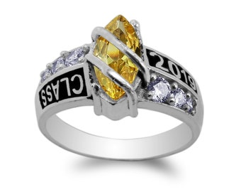 925 Sterling Silver Class of 2019 1.25ct Marquise Citrine Yellow CZ School Graduation Ring Size 4-10