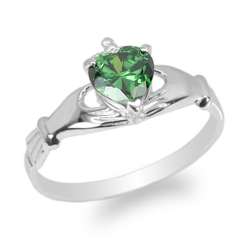 14K White Gold Fancy Claddagh Ring with Round CZ Embedded Size 4-10