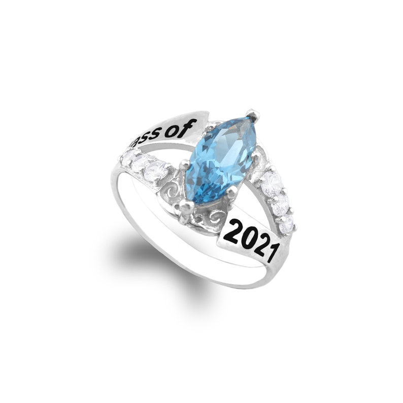 JamesJenny 10K 14K White Gold Graduation Class of 2021 School Ring with 1.25ct Blue Topaz CZ Size 4-10