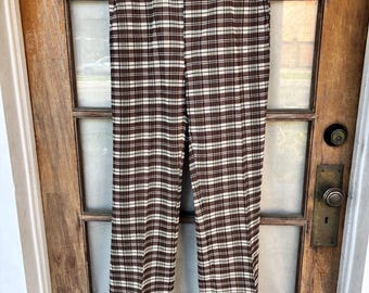 Vintage Men’s Plaid Polyester Slacks Brown and Cream